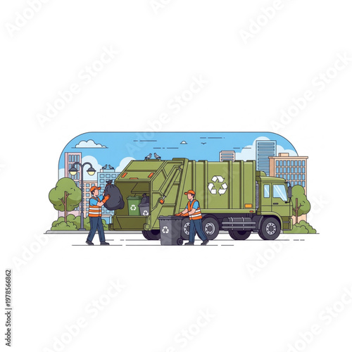 A vector illustration of two sanitation workers collecting trash in a green recycling truck on a city street