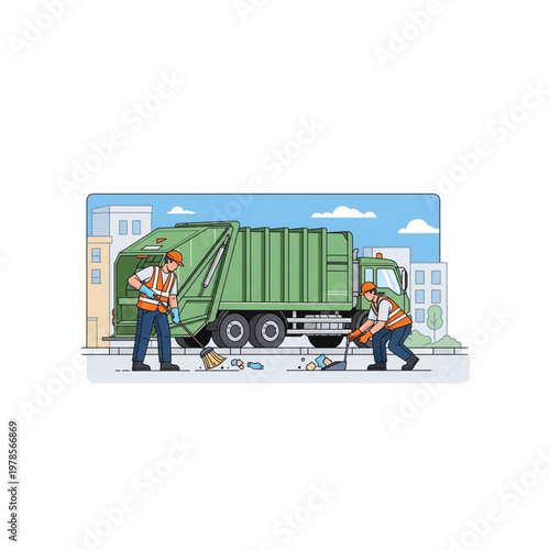 Two sanitation workers collecting trash in a city street with a green garbage truck