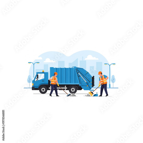 A vector graphic illustration of two sanitation workers sweeping the street with a garbage truck in the background