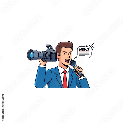 A cartoon illustration of a news reporter holding a camera and microphone
