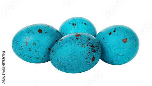 Four speckled robin eggs vibrant blue with brown spots, isolated on transparent background