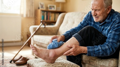 Elderly man treating sprained ankle at home with ice pack indoor setting close-up shot