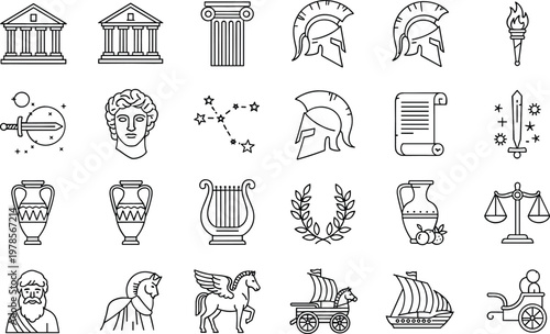 Ancient Greek Mythology Icon Set with Temples Warriors Gods Columns Chariots Ships and Classical Symbols for History Culture and Education Design
