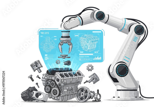 Robotic Arm Assembling Car Engine Parts.