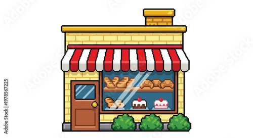 A charming pixel art vector illustration of a cozy bakery with a red and white striped awning and a window full of delicious cakes and pastries.