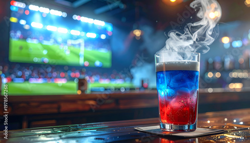 Colorful cocktail in a glass with rising smoke on a bar counter soccer game on TV in the background in a vibrant bar setting