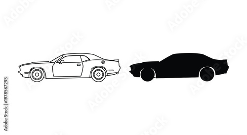 Dodge challenger car illustration with a striking black silhouette high quality