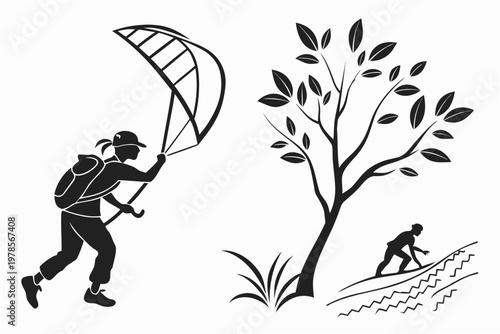 A black and white vector graphic illustration of a person paragliding and another person working in a field with a tree