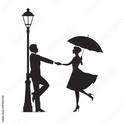Silhouette of a girl holding an umbrella with a romantic and family themed scene showing people, love, and togetherness