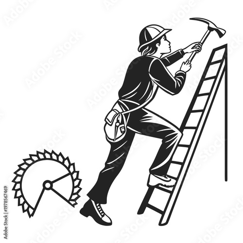 A black and white illustration of a construction worker on a ladder with a hammer and saw