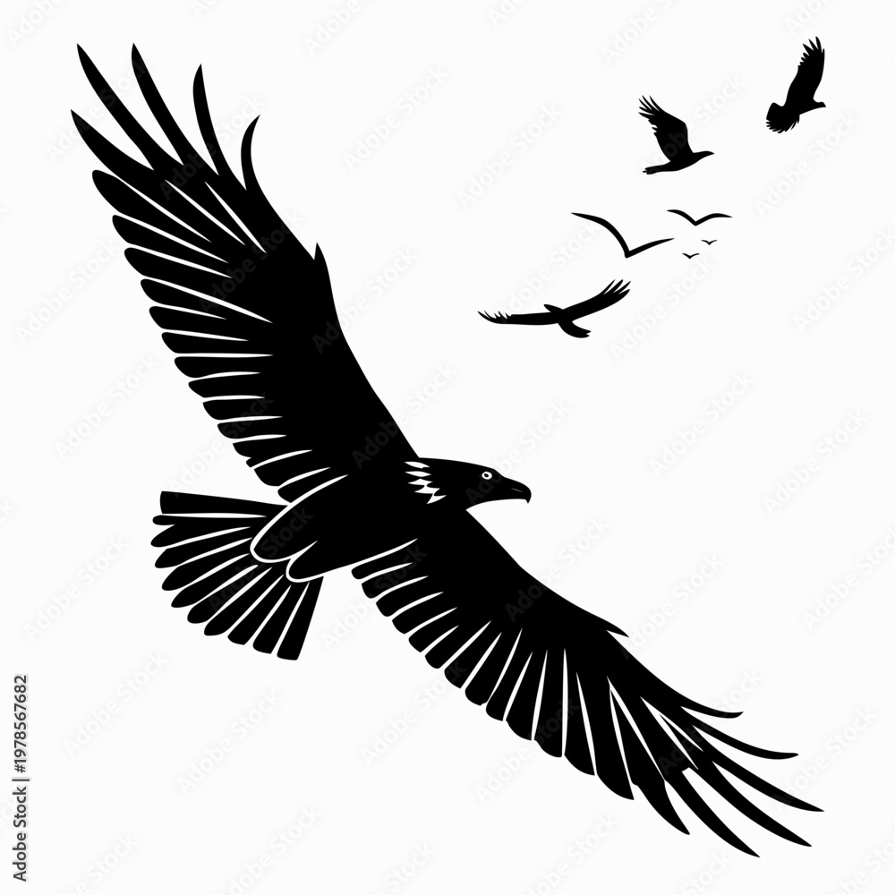 Fototapeta premium A minimalist vector graphic illustration of a flying eagle with flock of birds in silhouette