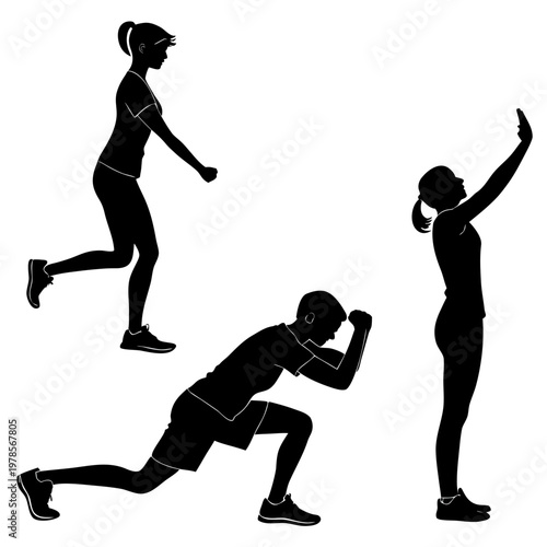A set of black silhouettes depicting people engaging in various fitness exercises on a white background