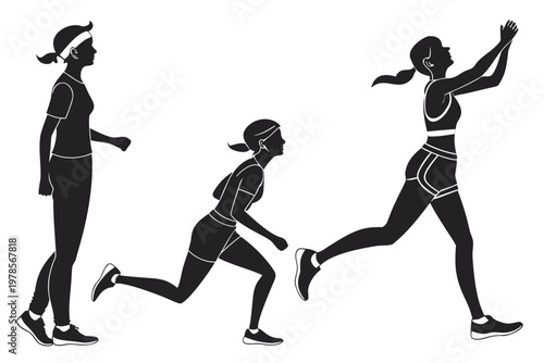 A vector graphic illustration of a woman in three different running poses, showcasing fitness and athleticism in a modern and sleek design
