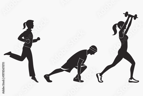 A vector graphic illustration of three fitness enthusiasts engaging in various exercises