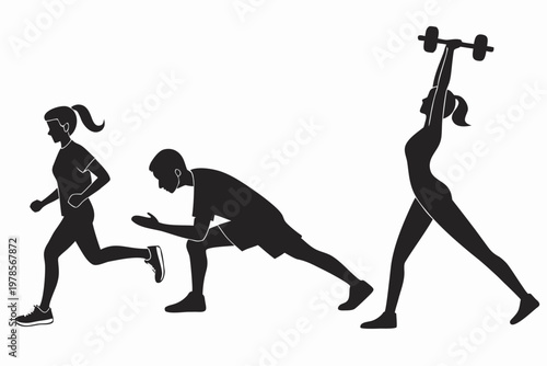 A black silhouette vector graphic of three people exercising with a dumbbell and doing a lunge and running
