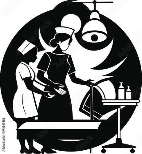 Medical Nurse Teamwork in Operating Room Performing Surgical Procedure with Healthcare Equipment Silhouette