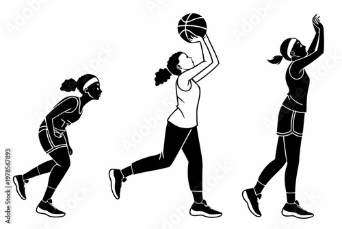 A vector graphic illustration of a woman playing basketball in various poses
