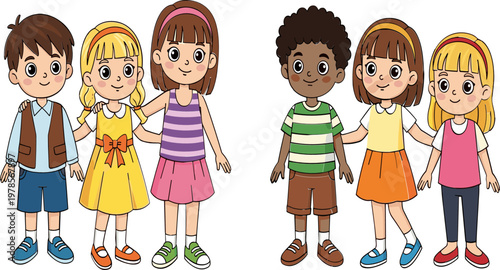 Cartoon Diverse Kids Holding Hands Collection with Boys and Girls in Colorful Clothes, Friendship Unity and Multicultural Childhood Vector Illustration Set