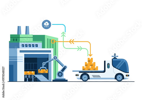 Industrial robotic arm loading truck with crates.