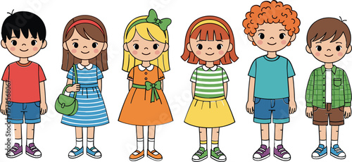 Cartoon Kids Characters Collection with Diverse Children Standing Together in Casual Clothes, Childhood Diversity Friendship and School Concept Vector Illustration Set