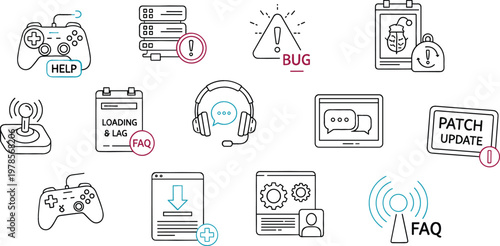 Software Support and Gaming Service Icon Set Featuring Bug, Patch Update, FAQ, Download, Controllers, Help Desk, Loading Screen, and Technical Assistance Symbols for App Design