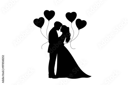 Couple sharing an affectionate moment with heart-shaped balloons Vector