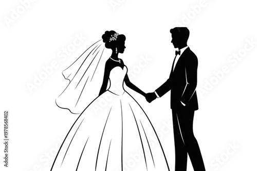 Couple holding hands during a wedding ceremony with bride in elegant gown Vector