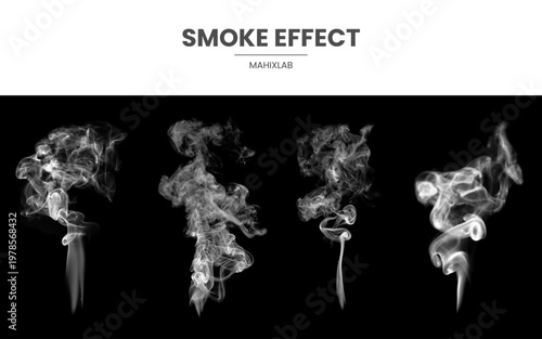 Realistic smoke effect collection, white steam clouds on black background, 4 vector elements