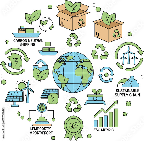 Sustainable development and circular economy icons set featuring renewable energy, recycling, green logistics, eco packaging, carbon reduction and environmental innovation vector illustration