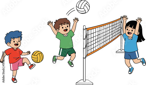 Cartoon Kids Playing Volleyball with Net and Ball, Children Jumping Kicking and Hitting Ball, Outdoor Sport Activity Fun Vector Illustration Set