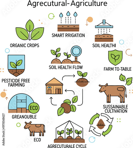 Sustainable agriculture and organic farming icons set featuring smart irrigation, soil health, eco livestock, pesticide free crops and agricultural technology vector illustration
