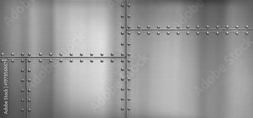 Steel metal border, background with rivets and iron texture, vector illustration. Polished silver sheet, aluminum surface panel with bolts, realistic scratches and metallic sheen, airplane wall design