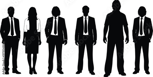 Business people silhouettes standing in a row, diverse corporate team outline, professional men and woman figures isolated on white background, leadership and teamwork concept