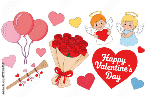 Colorful assortment of hearts and love-themed icons for valentine's day celebration Vector
