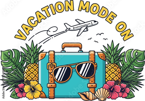 Title vacation mode on a tropical getaway illustration description a vibrant watercolor illustration depicting vacation