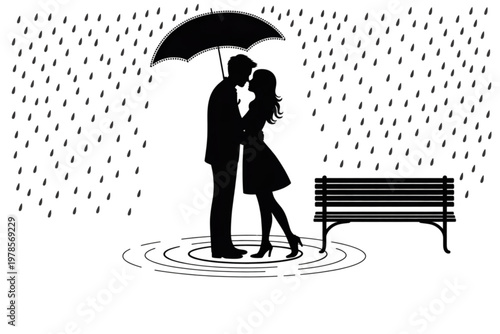 Couple sharing a quiet moment under an umbrella on a bench Vector