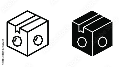 Isometric illustration of two differently styled shipping boxes with circular handles.