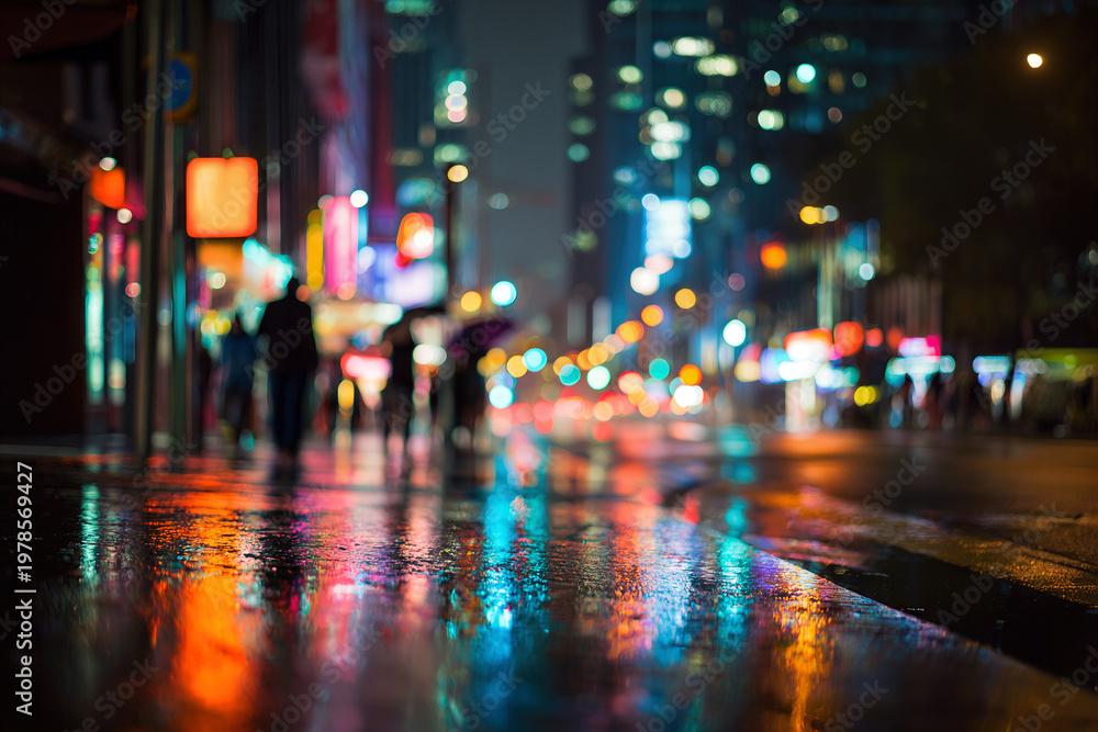 Fototapeta premium City Nightlife Blurred Silhouettes and Neon Reflections on a Rainy