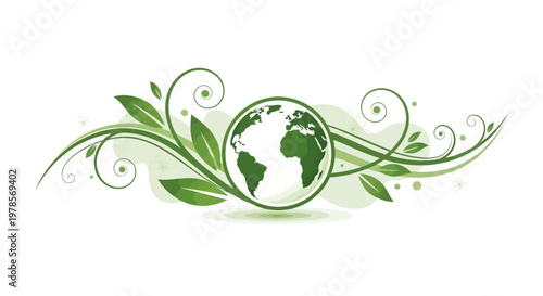Elegant vector illustration featuring a green globe encircled by swirling foliage on an Earth Day background, set against a clean white backdrop, conveying a fresh and environmentally