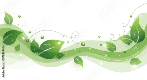 Against a clean white background, a detailed vector illustration shows a flowing green Earth Day design with leaves, swirls, and small spheres, conveying a refreshing and natural mood