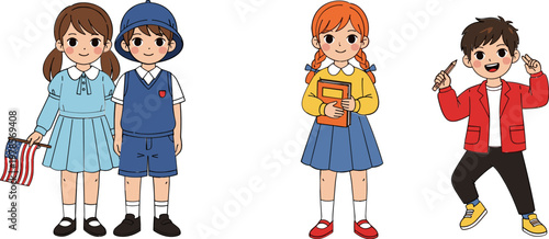 Cartoon School Kids Characters Collection with Students in Uniform Holding Books and Flag, Back to School Education Concept Vector Illustration Set