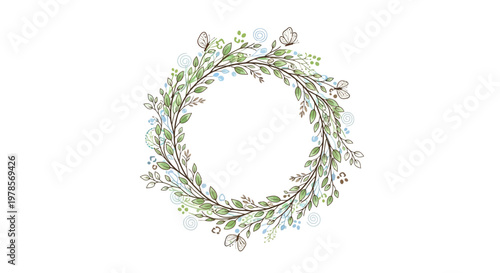 Against a clean white backdrop, a delicate Earth Day celebration wreath of leafy green plants and vines is presented in a vector illustration with a focus on nature and environmental