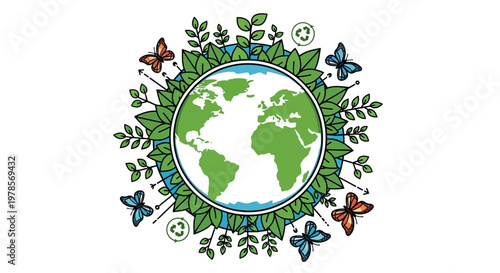 A vector illustration presents an Earth Day celebration with a green globe encircled by leaves, recycling symbols, and colorful butterflies, set against a clean white background to promote
