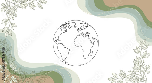 Overhead vector design for Earth Day featuring a line-art globe encircled by a frame of stylized green plants, set against an abstract background with muted earth tones, evoking a sense