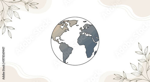 Minimalist vector design for Earth Day celebration, featuring a central globe icon surrounded by delicate botanical frames and a soft, inviting color palette, set against a clean background