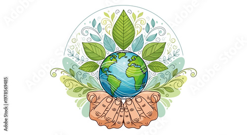 Illustrated Earth Day design featuring a globe held in cupped hands, surrounded by flourishing green leaves and decorative elements in a vector illustration against a clean white