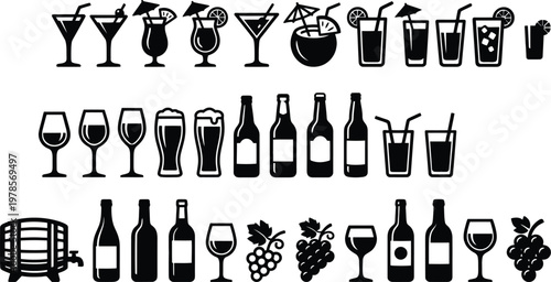 Vector illustration of various alcoholic drinks and glasses icons