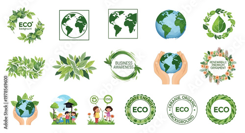 Overhead vector of Earth Day icons and Earth globe illustrations in a set of nature-themed designs, arranged on a white backdrop and featuring green plants and celebration symbols