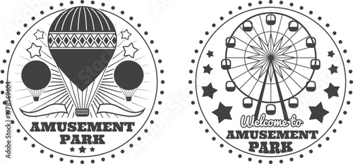 Amusement park logos featuring roller coaster and ferris wheel illustrations