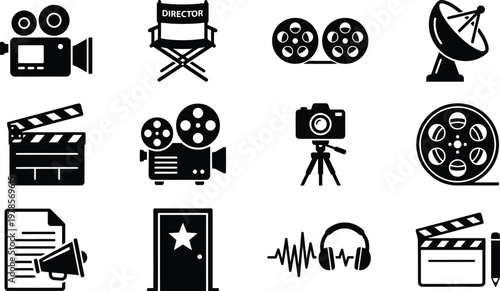 Film production icons including a director chair, film reels, camera, clapper board, and satellite dish for movie making and broadcasting